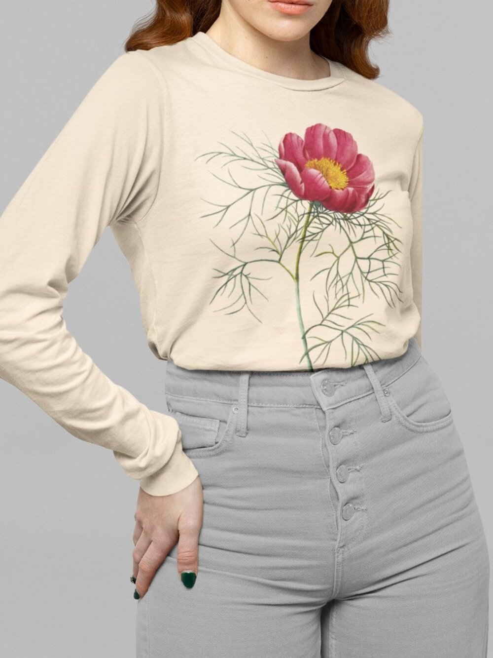 Peony Vintage Floral Print Long Sleeve Graphic Tee T-shirt S-XXL